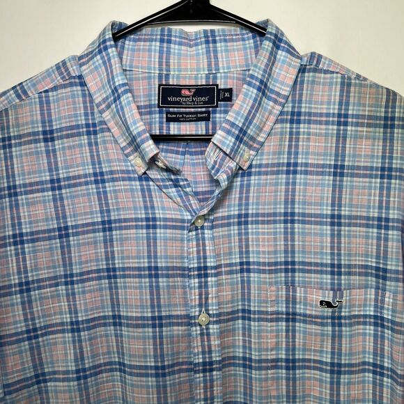 Vineyard Vines Button Down Slim Fit Tucker Shirt Mens Size XL Blue Pink Plaid - Picture 2 of 8